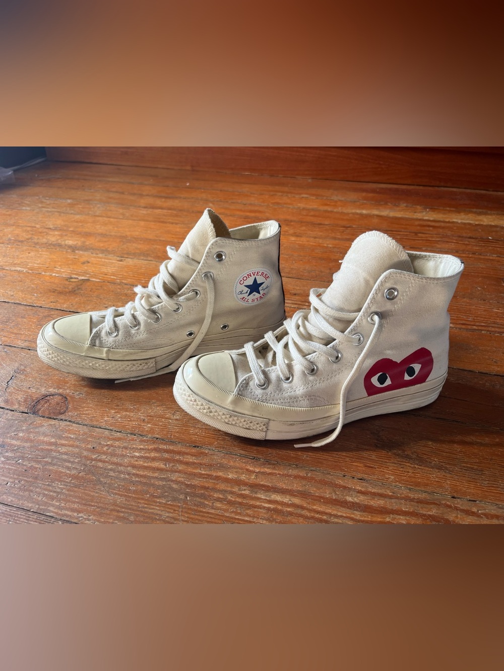Comme des Garcons x Converse High-Top Sneakers in Cream with Red Heart